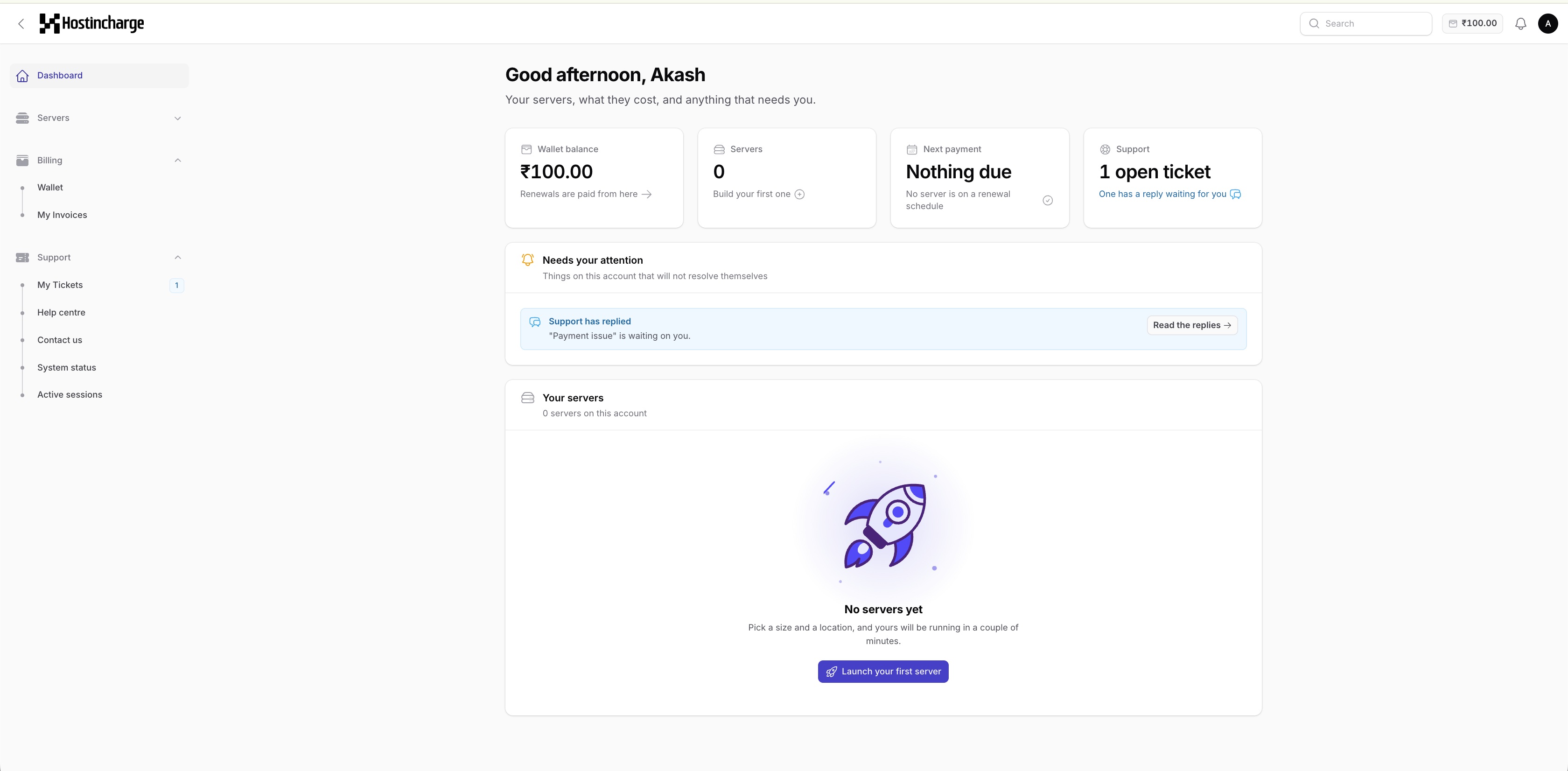HostIncharge control panel dashboard showing wallet balance, servers, billing, and support